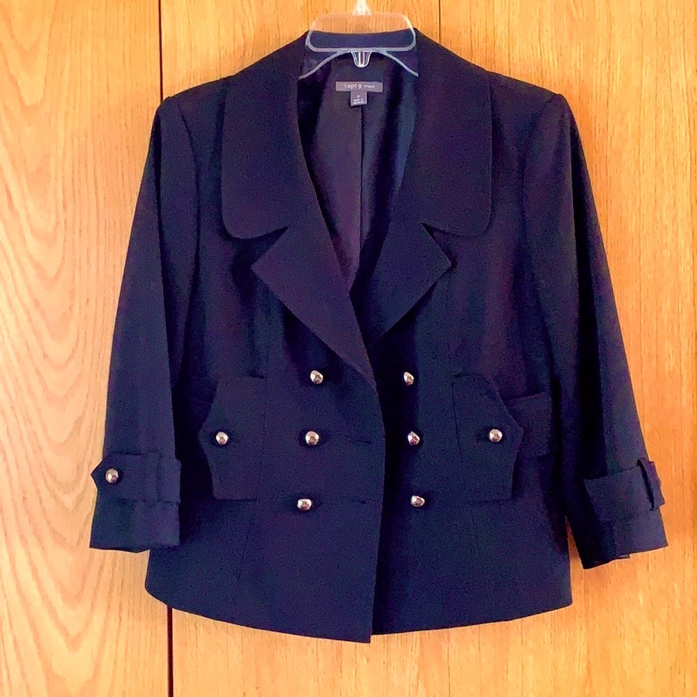 Apt. 9 stretch size 8 black double breasted cropped 3/4 sleeve jacket blazer EUC